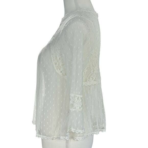Free People Lace Top Women Sze Medium Ivory White Boho Romantic Sheer Dot Blouse - Picture 9 of 14